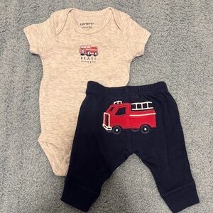 Carter's Heather Gray Fire Truck Bodysuit with Navy Pants